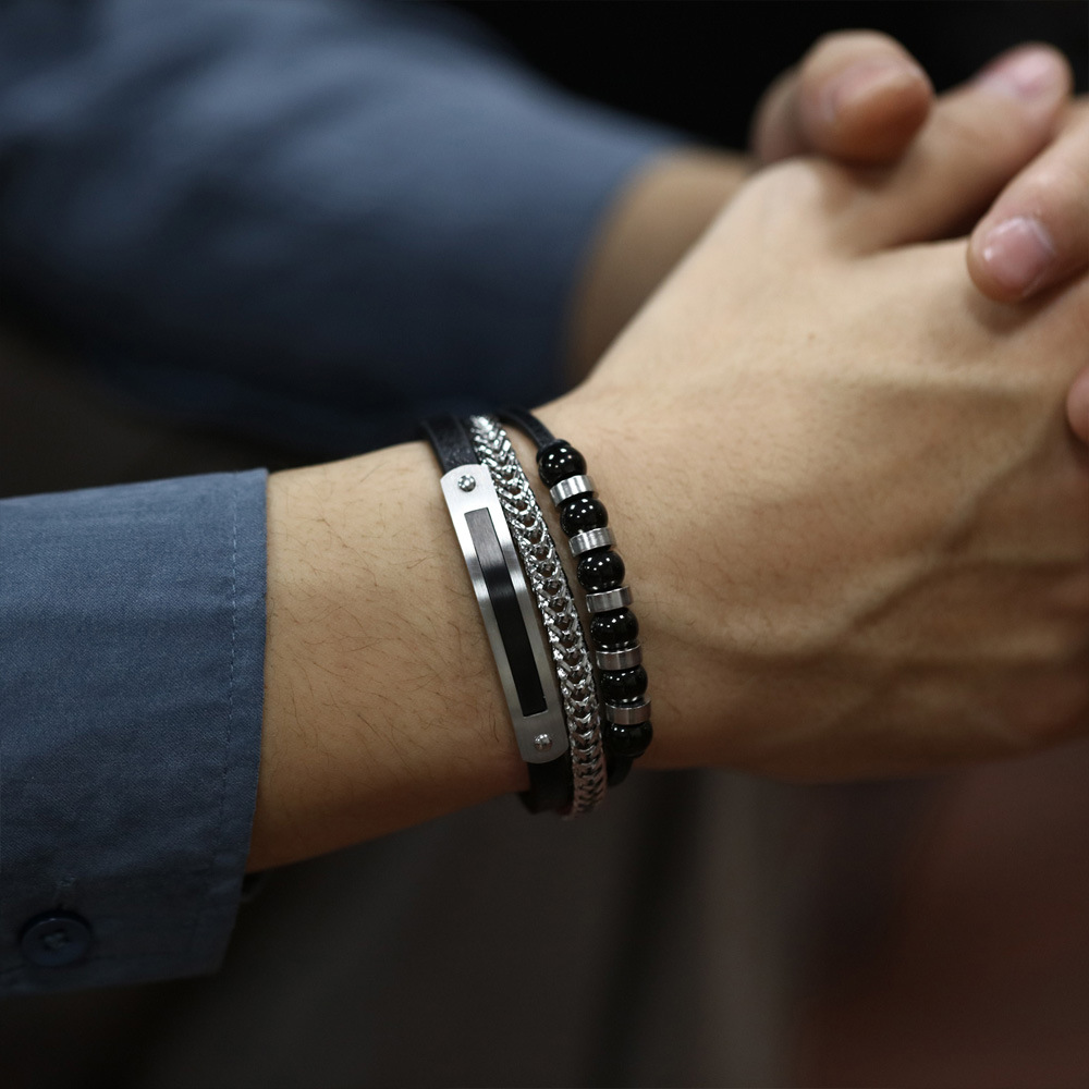 European and American Handmade Trendy Men's Black Asymmetrical Magnetic Buckle Leather Bracelet with Multi-layer Men's Woven Leather Bracelet_voghion.com