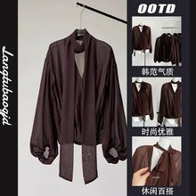 咖啡色透视灯笼袖飘带领结宽松显瘦薄款百搭气质衬衫上衣2025年