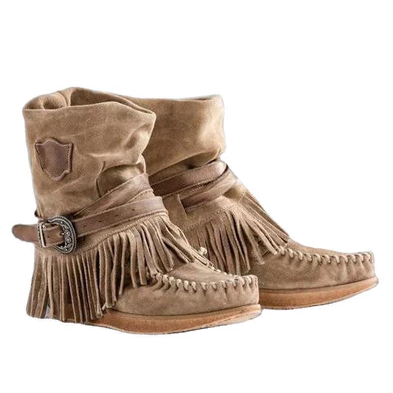 Women's Mid Calf Cowboy Boots Flat Heel With Tassel And Buckle_voghion.com