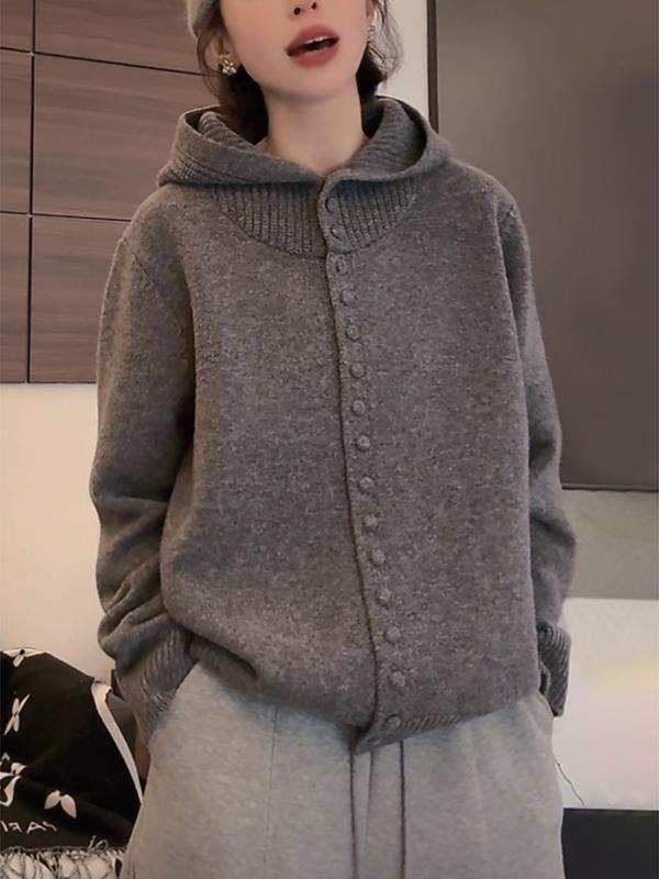 Plus Size Gray Hooded Sweater for Women Early Autum Lazy Style Soft Waxy Loose Style Knitted Cardigan Outer Top Trendy