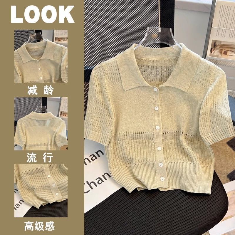 Plus-Size Apricot Color Polo Collar Ice Silk Short-Sleeve Knit Top for Women, 2026 New French-Style Summer Thin Patchwork Blouse Plus-Size Apricot Color Polo Collar Ice Silk Short-Sleeve Knit Top for Women, 2026 New French-Style Summer Thin Patchwork Blouse