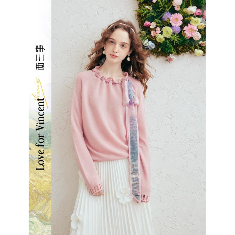Van Gogh Artistic Leisure Knitwear Spring 2026 New Drawstring Ruffle Collar Printed Ribbon Knit Sweater for Women