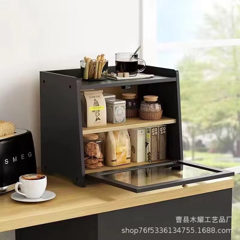 木质双层面包收纳箱带亚克力厨房调料收纳柜糕点箱实木甜品展示柜|undefined
