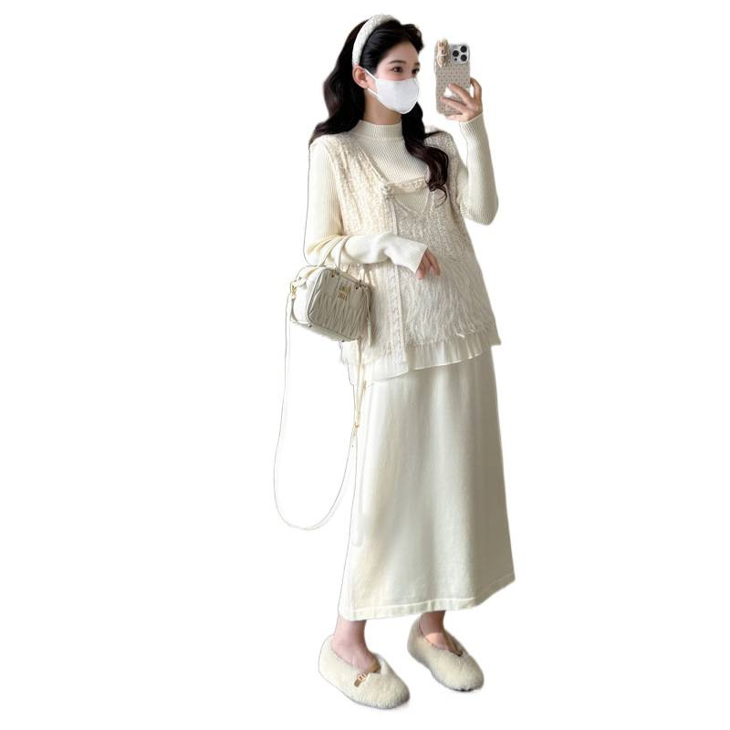 孕妇装2025秋冬季新款韩版时尚重工钩花马甲+软糯打底裙孕妇套装|undefined
