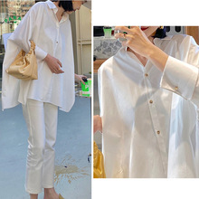 现货厂家批发100支微光七分袖 高支高密长绒棉 宽松廓形 白衬衫女