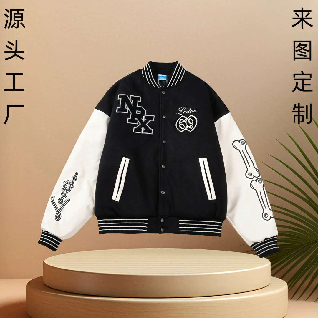 Индивидуальный экспортный бейсбольный костюм, американская куртка с воротником-стойкой из искусственной кожи PU, индивидуальная вышитая шерстяная кожаная кардиганная куртка