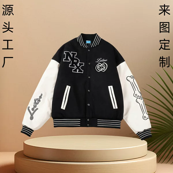 Foreign Trade Baseball Jacket, American-Style Pu Leather Sleeve Baseball Jacket, Custom Embroidered Woolen Patchwork Leather Heavy-Duty Embroidered Jacket