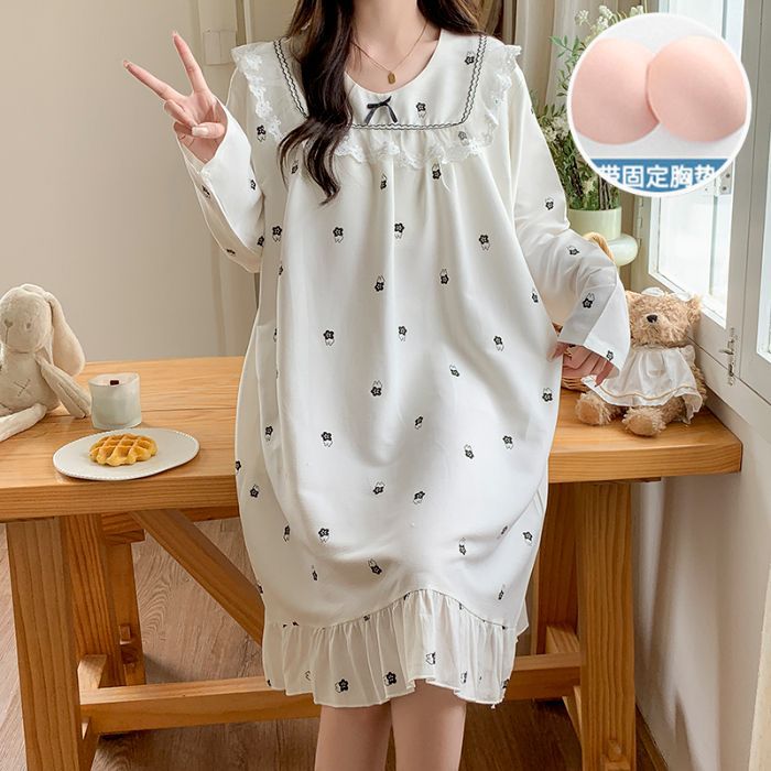 Pijamas transfronterizos de otoño de mujeres con cojín de pecho nubes de algodón pijama de manga larga princesa de viento de flores frágil ropa para el hogar se puede usar fuera