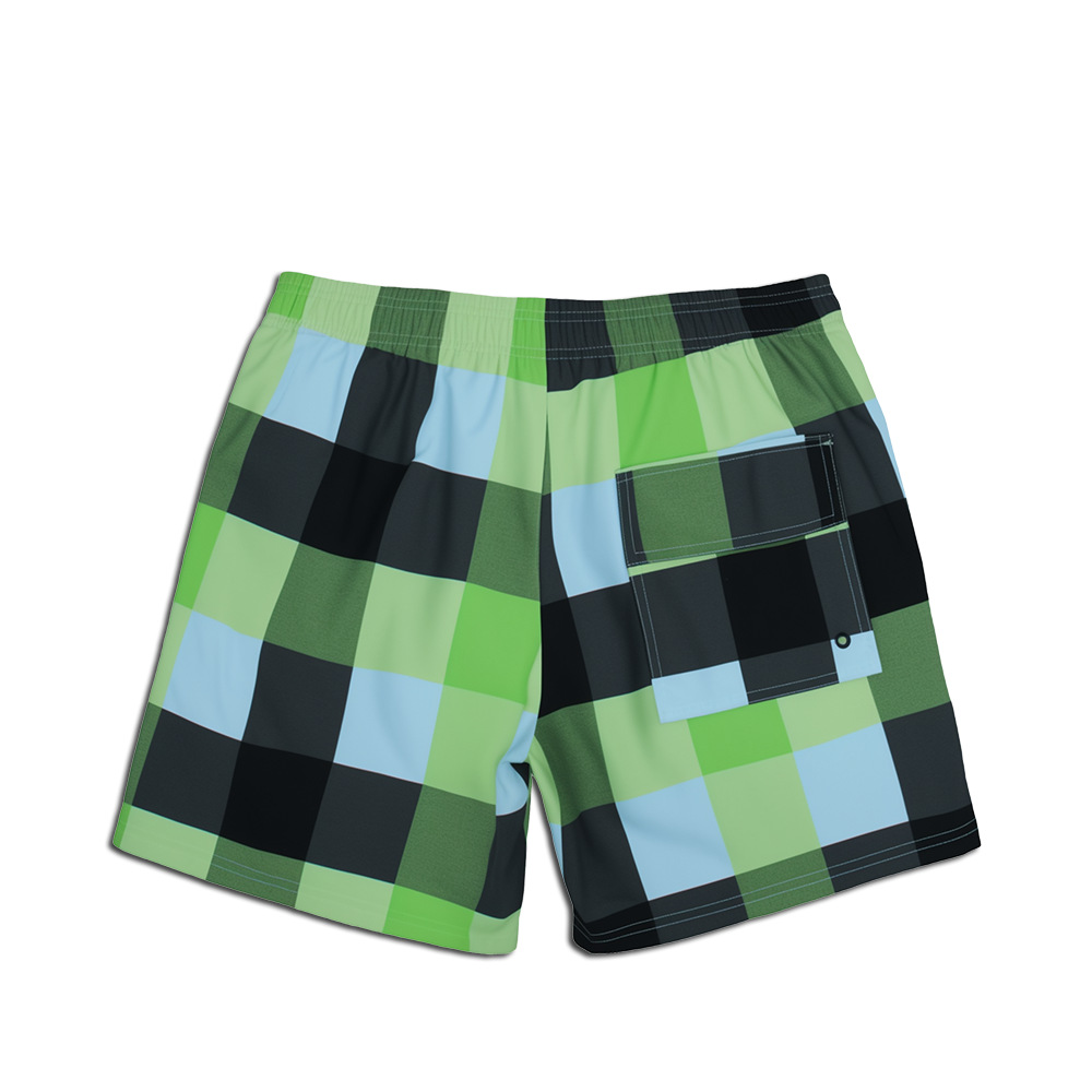 Men's Quick Drying Swim Trunks Green Plaid Beach Shorts_voghion.com