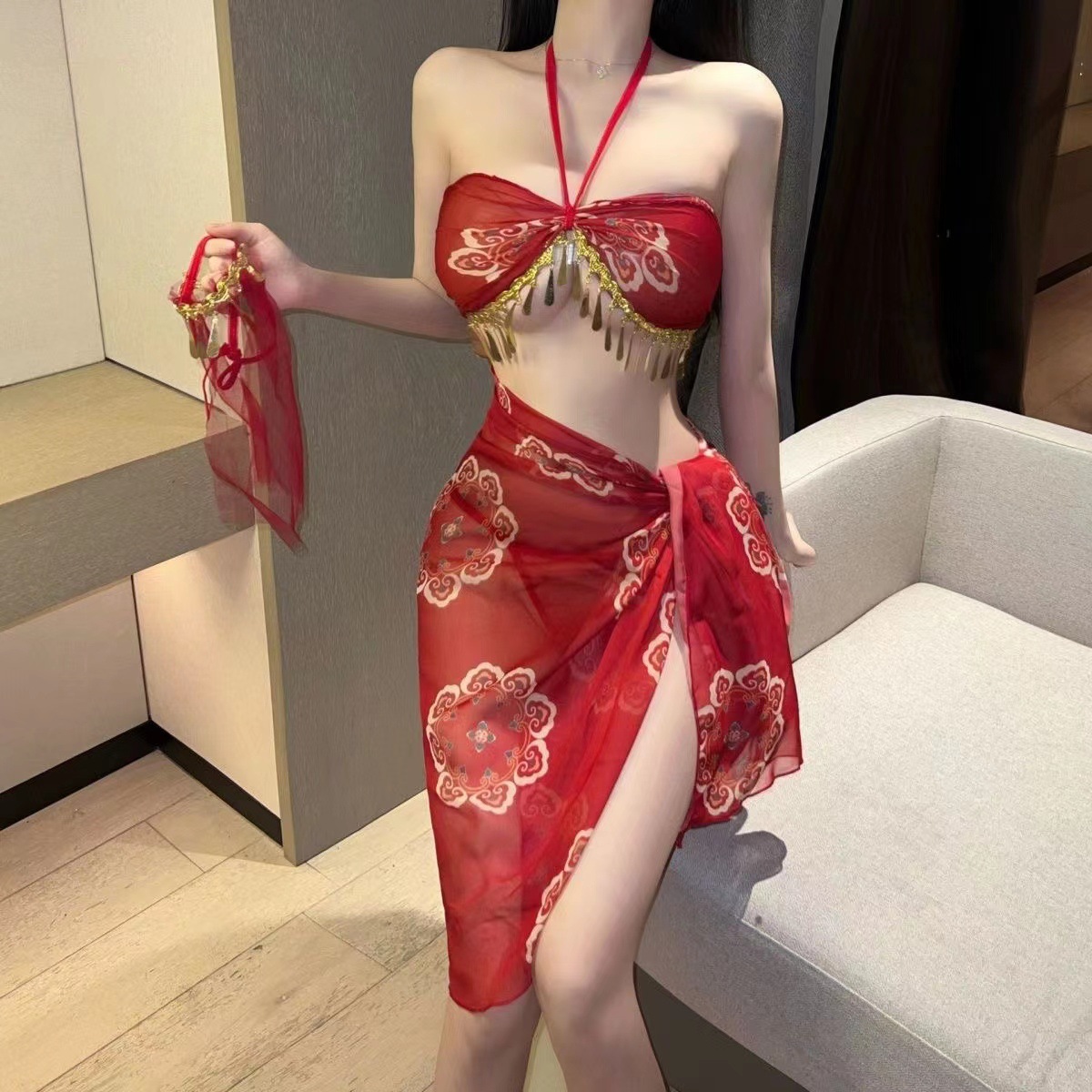 Backless Halter Mesh Hanfu-Style Lingerie Nightdress with Bib Top and Briefs — detail image 5