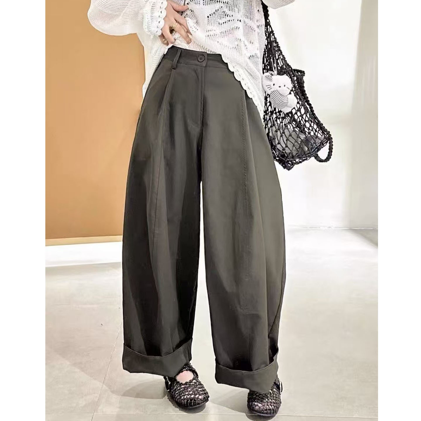 Shenzhen 25 New Nanyou Women's European Style High-Waisted Front Pleated Rolled Hem Casual Straight-Leg Suit Wide-Leg Pants for Women