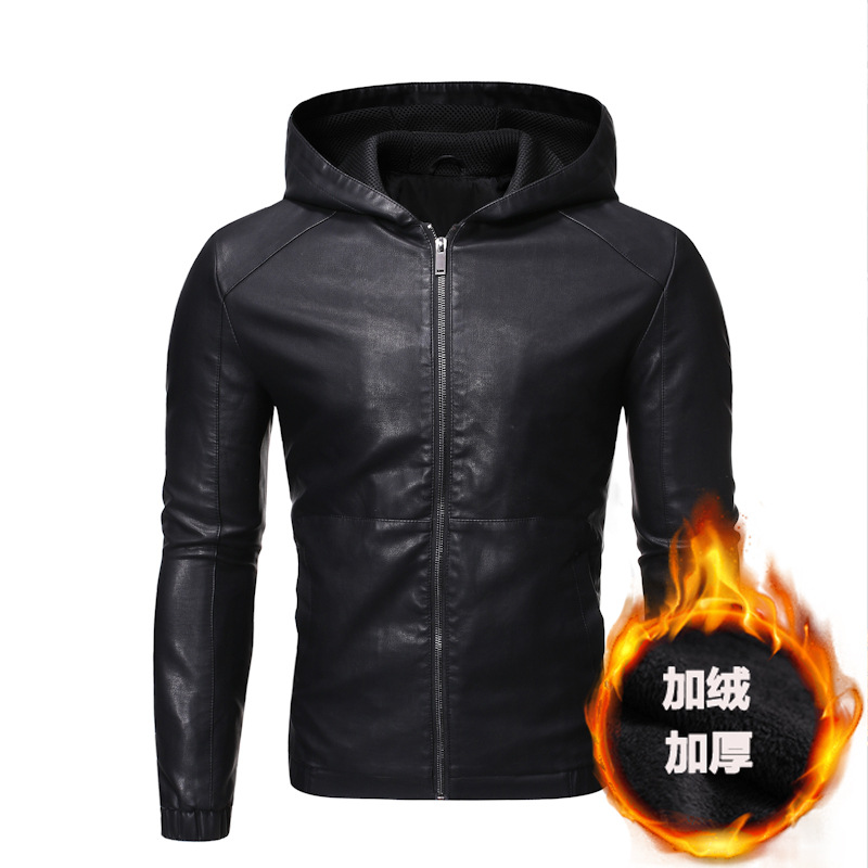 Otoño y invierno chaqueta de cuero con capuz para hombres con vello locomotora delgada chaqueta de cuero de piel de piel de piel de piel de estilo coreano chaqueta con capuz para jóvenes