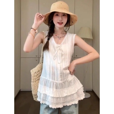 Korean-style design mid-length white lace sleeveless shirt dress for women, 2026 new model, Miu-style top Korean-style design mid-length white lace sleeveless shirt dress for women, 2026 new model, Miu-style top