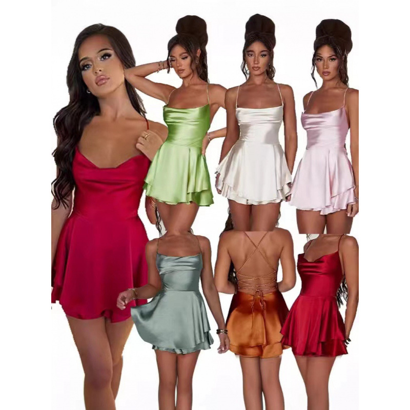 2026 European And American Cross-Border Women's Export Short Summer New Backless Sexy Fashion Satin Strap Dress_ecoleips.com