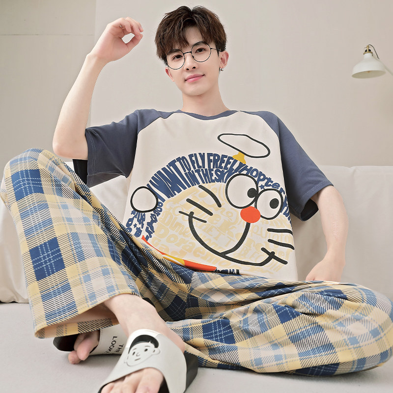Men's pajamas, spring and autumn style, pure cotton short-sleeved trousers, summer style, for teenagers, students, and children, plus size loungewear set