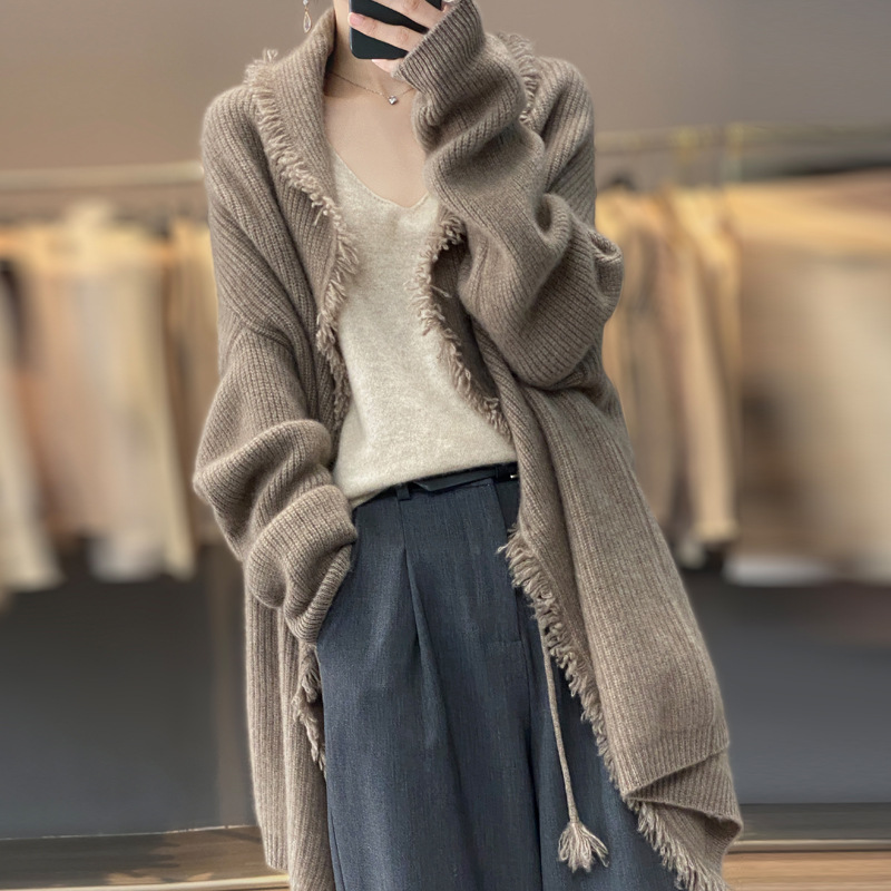 Damenbekleidung Western-Stil mittellange Strickjacke für Damen 2024 Herbst neuer fauler lockerer großer Schalpullovermantel_voghion.com