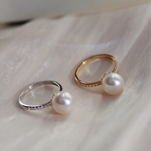 18K Gold Accessories Diamond Ring Simple and Versatile Pearl Diamond Ring Figure 8-9mm Bead Diamond 13 Points Without Beads