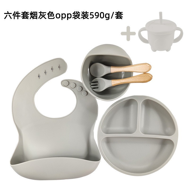 Amazon bebé vajilla de silicona alimentación 6 piezas traje de comida complementaria comer babero lechón tazón tenedor cuchara vajilla de silicona