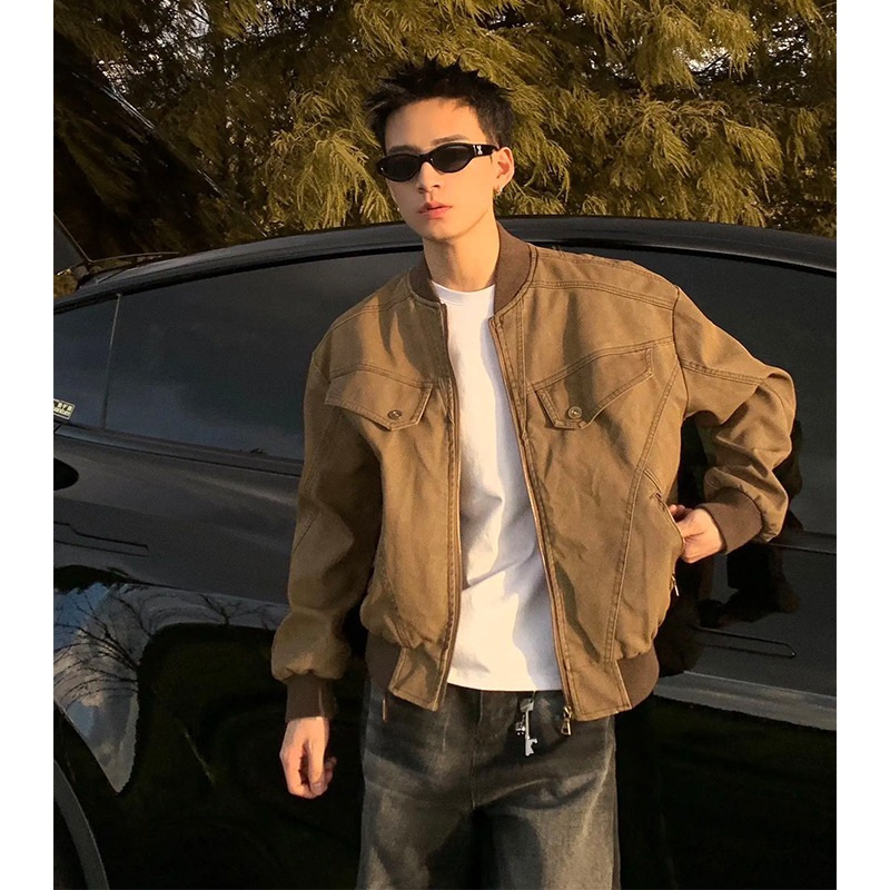 Brown Short Harrington Jacket Men's Spring & Fall American Retro Cleanfit Workwear Trendy Brand Pilot Baseball Uniform