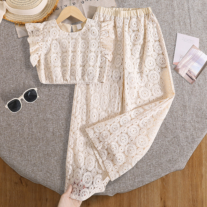 Girls' suit Foreign Trade Children's Wear 2025 Summer New Korean Style Hollow Lace Flying Sleeve Top Wide Leg Pants Two-piece Set