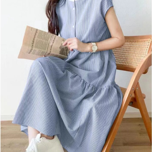 9567 summer South Korea round neck small breasted striped sleeveless dress long short sleeve stand collar dress women