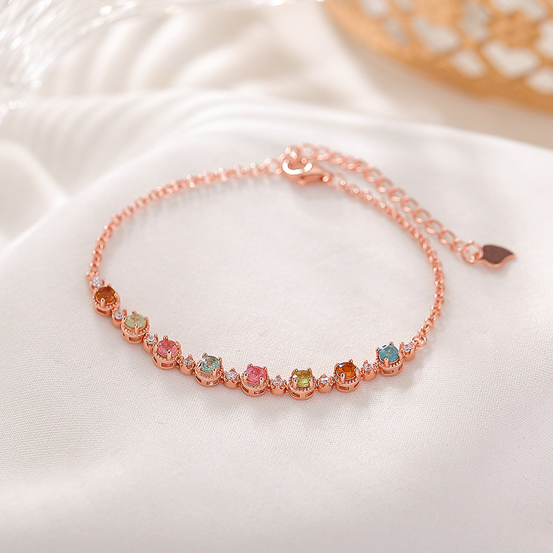 Vòng tay bạc S925 mạ vàng hồng đính tourmaline hạt tròn hình học — Một mảnh (tourmaline màu ngẫu nhiên)