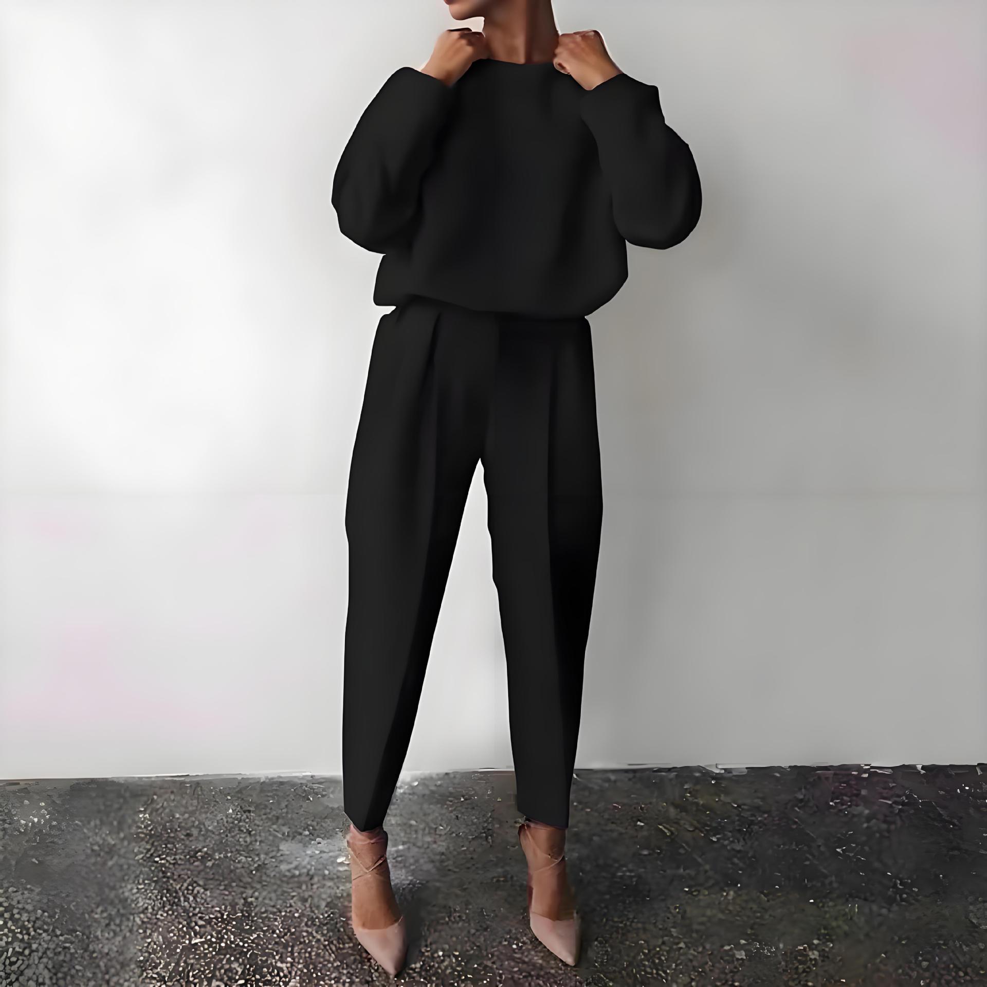 In-Stock Cross-Border Amazon Temu Hot-Selling European and American Foreign Trade Women's Clothing Autumn and Winter Solid Color Long-Sleeved Casual Two-Piece Set