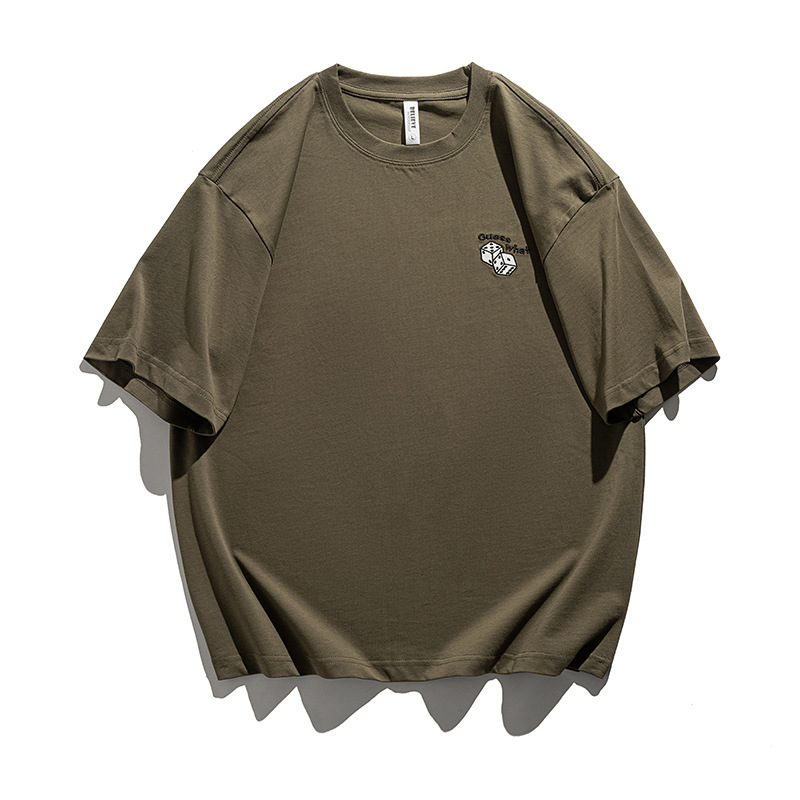 Herr t-shirt med tärningsbroderi rund hals lös passform överdel_voghion.com