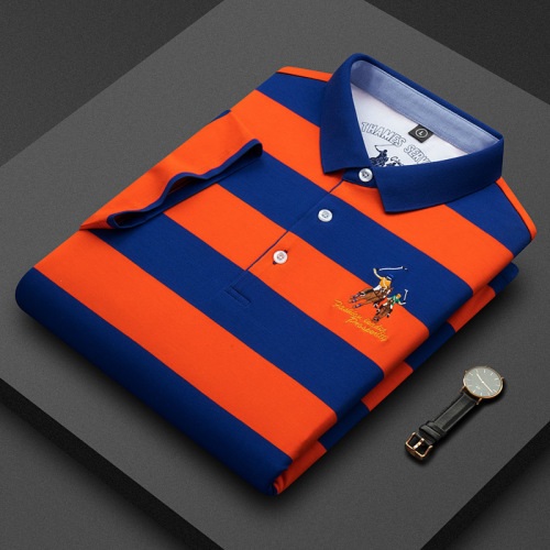 Shengli Fa 2025 Summer New Arrival Mid-Aged Men's Pure Cotton Short-Sleeved T-Shirt, Slim-Fit Business Collar Striped Base Layer Shirt