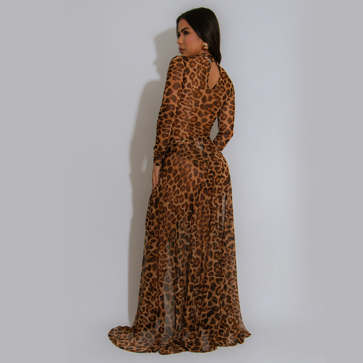 C7308 Cross-border AliExpress Amazon Vestido de manga larga con estampado de leopardo sexy para mujer de moda europea y americana