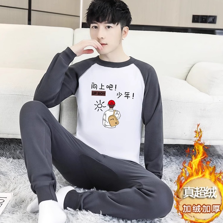 Winter Round Neck Thermal Underwear Set for Men, Autumn Clothes and Long Pants for Teenagers, Middle and Large Children, Fleece-Lined and Thickeneded Bottoming Pajamas
