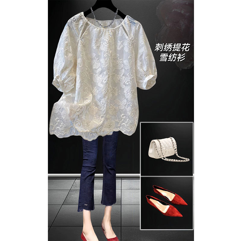 Design Embroidery Embroidered Short-sleeved Chiffon Top for Chubby Girls plus size Loose Sweet Small Shirt Summer Fashion Explosion