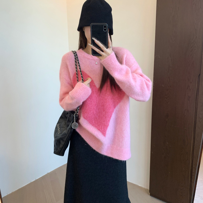 Lazy Style Alpaca Sheep Wool Intarsia Woven Fixed Dyeing Round Neck Shoulder Sweater 082