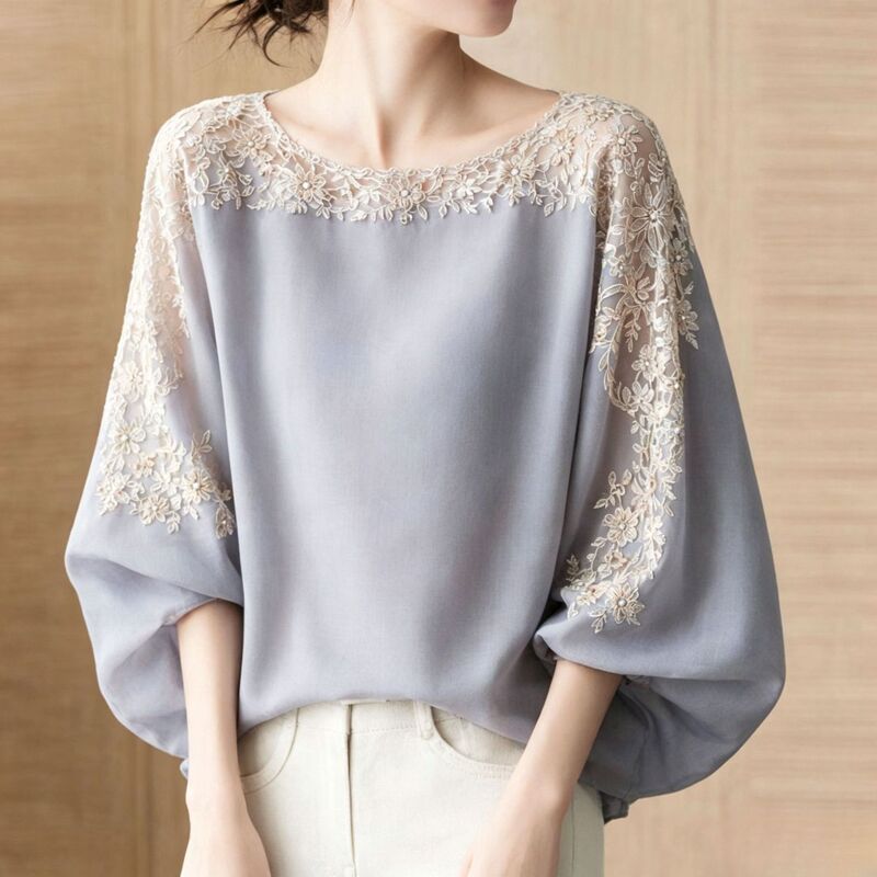 In-Stock Japanese-Style 2026 Summer Lace-Decorated Half-Sleeve Batwing Sleeve Round-Neck Top In-Stock Japanese-Style 2026 Summer Lace-Decorated Half-Sleeve Batwing Sleeve Round-Neck Top