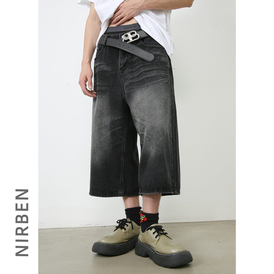 Quần jean nam ống rộng lửng 7/10 cắt ngắn giặt cổ điển phong cách Hàn — Màu xanh lam, Màu đen, Xanh cổ điển, Đen xám