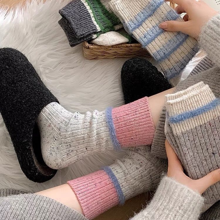Thick Wool Slouch Socks with Contrasting Colors, Korean Style, Mid-Calf, Autumn and Winter, Color-Blocking, Warm