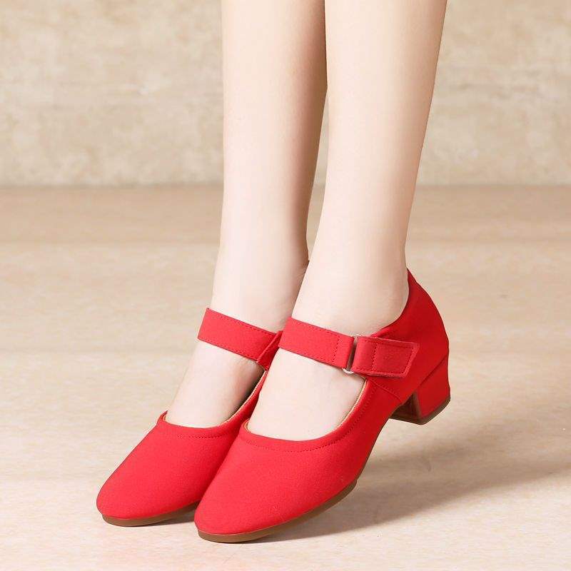 Four Seasons Square Dance Shoes for Women, Mid-Heel, Soft Sole, Oxford Cloth, Red Dance Shoes, Non-Slip Rubber Sole, High-Heel Mom Shoes