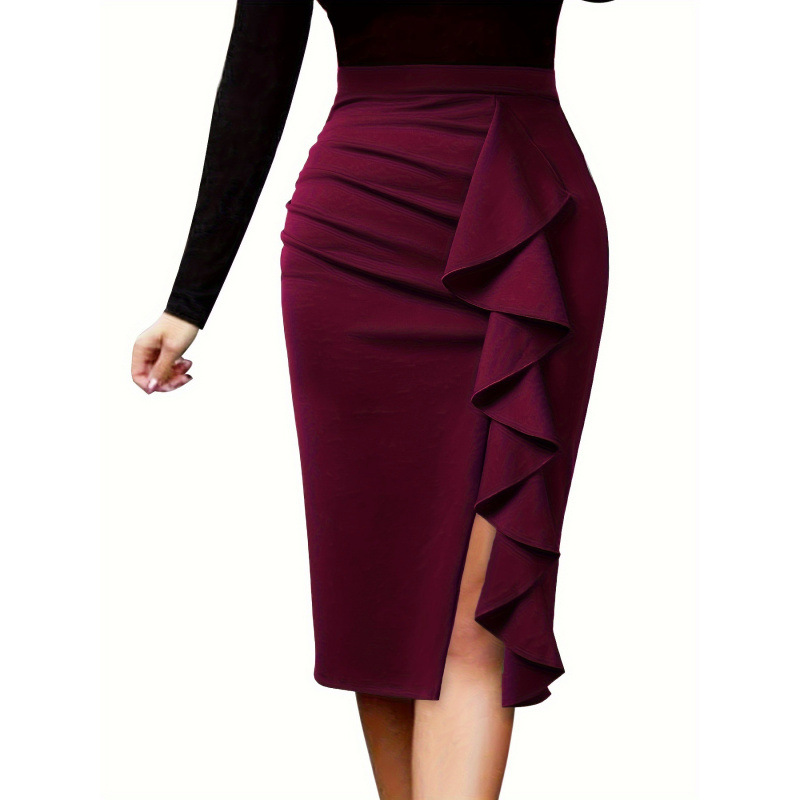 A 96 Elegant Solid Color Knit Polyester Pencil Skirt
