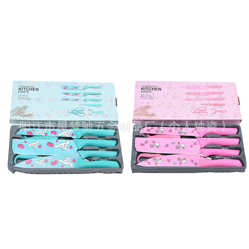 Comercio exterior venta caliente impresión de dibujos animados de acero inoxidable seis piezas conjunto de cuchillos de cocina conjunto de cuchillos de regalo conjunto de cuchillos