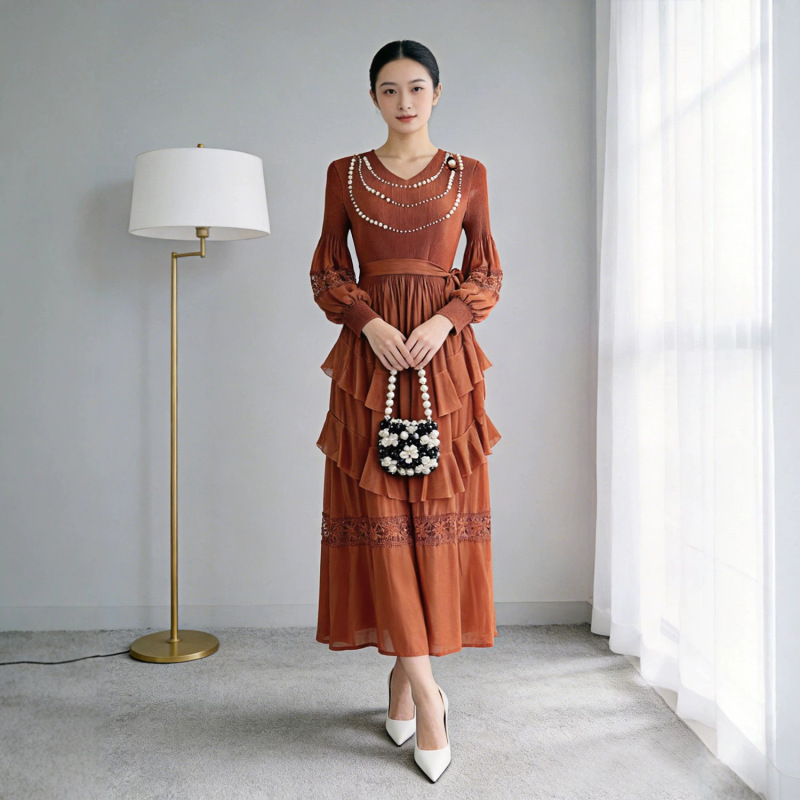 Socialite Beaded Lotus Leaf Lantern Dress, Spring Season, Mature Style, Lace, High-End Long-Sleeve Patchwork Long Dress