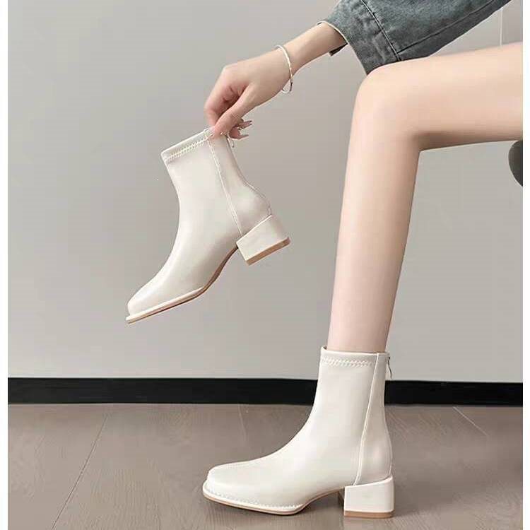 French-style apricot high-heeled short boots, chunky heel slim boots, ankle boots, sock boots, women's Martin boots, spring and autumn Chelsea boots, Maillard