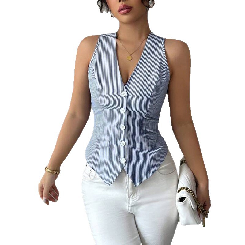 Cárdigan sin mangas a rayas para mujer, estilo casual y elegante, ideal para el verano._voghion.com