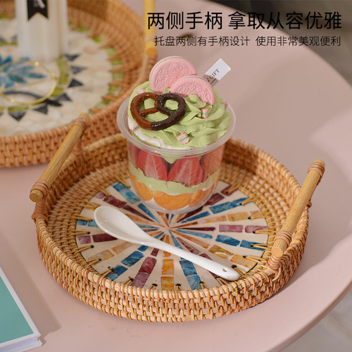 Rattan handmade light luxury weaving creative colorful shell water picnic fruit plate decorative ornaments simple round ear tray