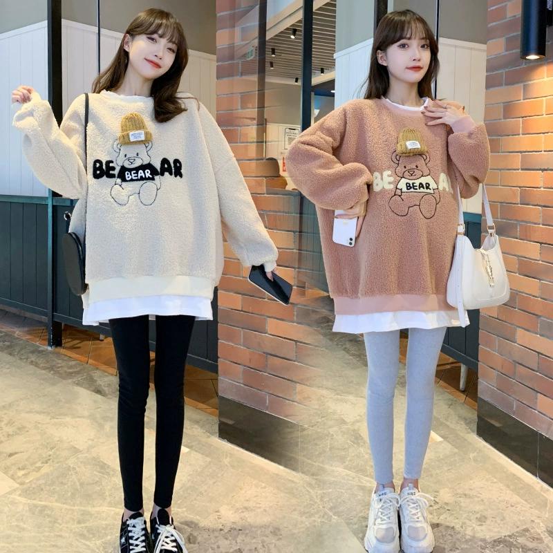 Одежда для беременных осенний и зимний прилив мама новый набор бархат толстый свитер ягненка женский осенний и зимний куртка свободный топ