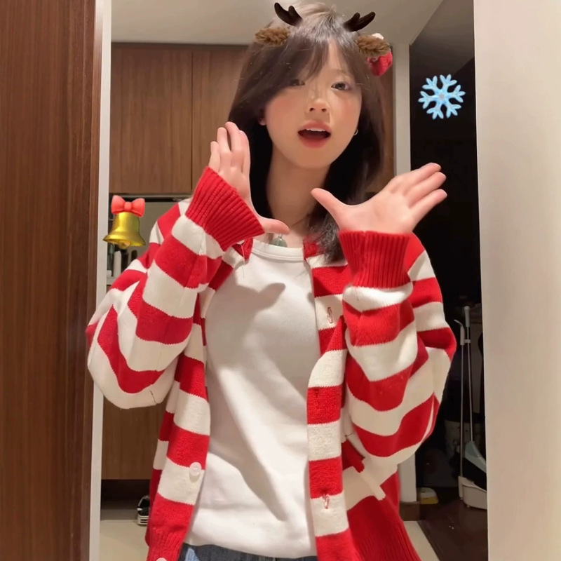 Autumn new arrival red and white contrast striped sweater cardigan for women, Korean style sweet long-sleeve outerwear, short top
