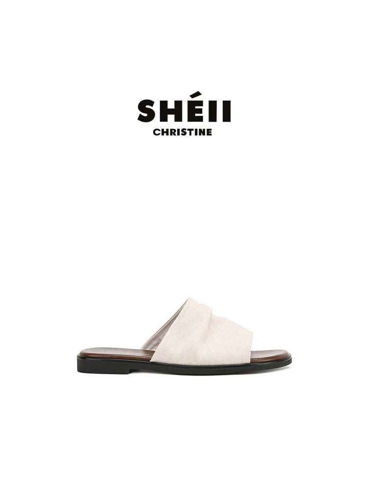 [Sheii Su Yinyin] Bangkok drag ~ Sandalias planas plisadas de lino de playa estilo resort, zapatillas de mujer, verano