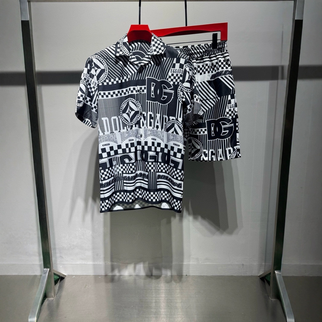 국경 간 유럽 제품 DG 여름 신작 남성용 반팔 셔츠 정장 비치 바지 3D 디지털 인쇄 포지셔닝 커팅