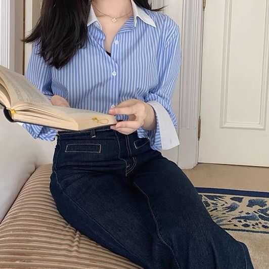 韩版盐系雪纺条纹衬衫女春秋季2025年新款法式小个子时尚别致上衣|undefined
