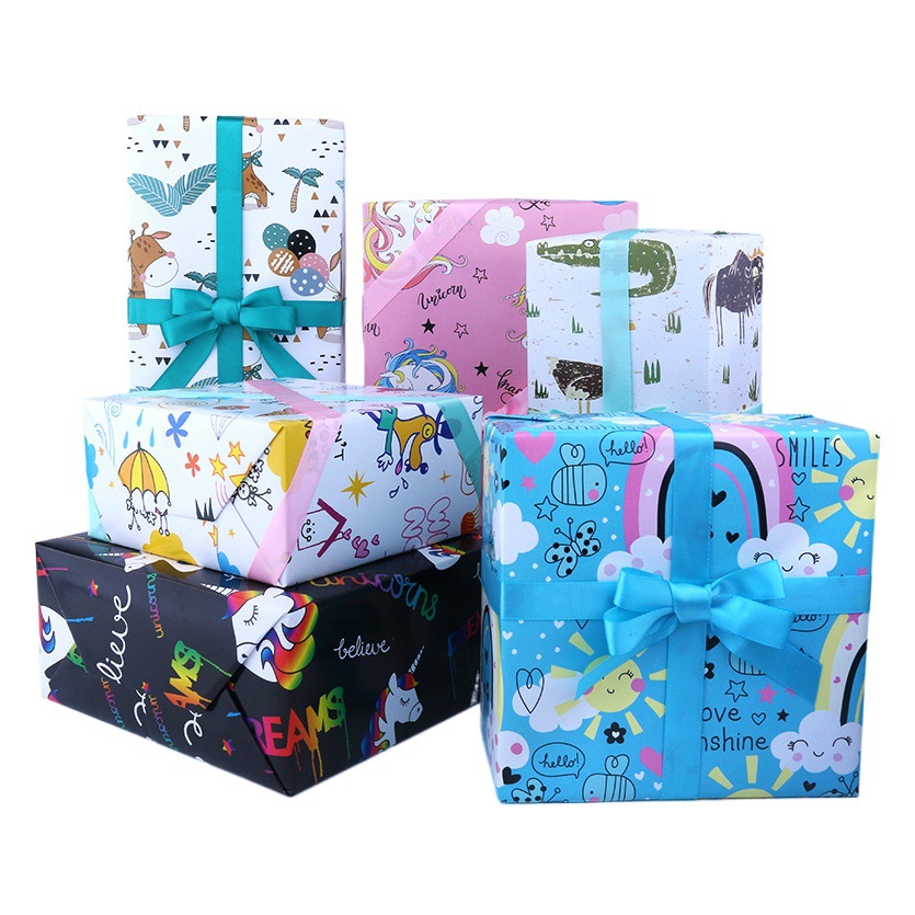 Regalo de animales de dibujos animados papel recubierto de vacaciones impresión regalo papel de regalo de cumpleaños papel de embalaje al por mayor