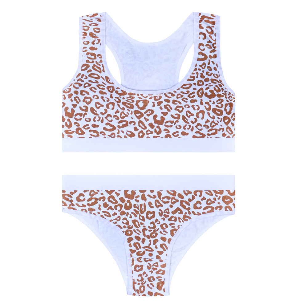 Ropa interior de desarrollo para niñas, copa fija de algodón con almohadilla para el pecho, sin anillo de acero, estampado de leopardo, sujetador de espalda deportivo para niñas